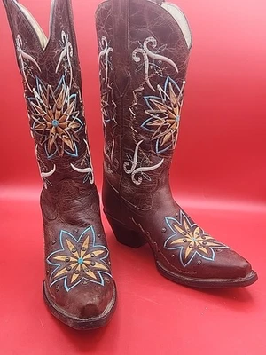 Corral 女式 7.5 牛仔靴绿松石/黄色胚胎花棕色剪 — 第 1/4 张图片