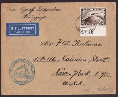 Germany, 1929 first Amerikafahrt Zeppelin air mail cover to USA  -HI47 - Image 1 of 3