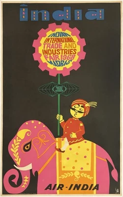 Original Vintage Poster AIR INDIA INDIAN INTERNATIONAL TRADE FAIR Airline LINEN - Image 1 of 4