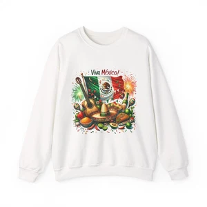 Viva México fiesta illustration Crewneck Sweatshirt Mexican food & instruments - Picture 1 of 26