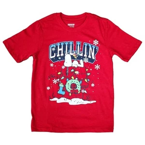 Peanuts Boys Red Short Sleeve Snoopy Chillin' Christmas T-Shirt Tee - Picture 1 of 2