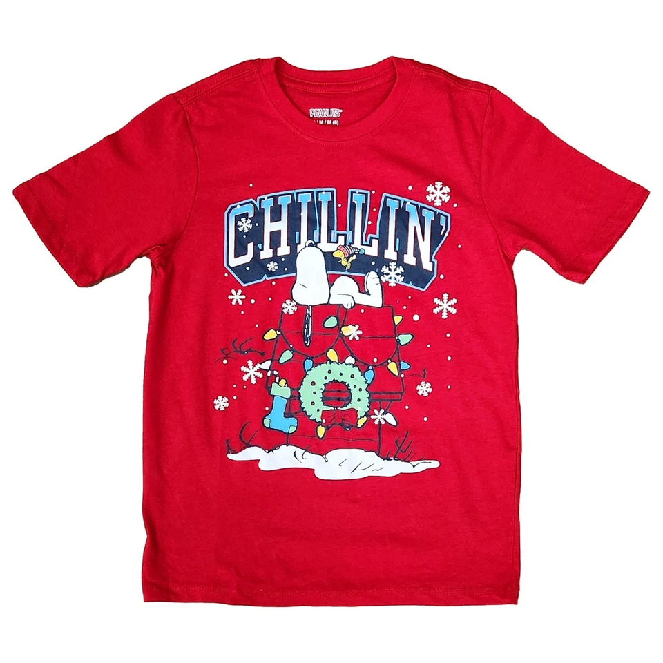 Peanuts Christmas Snoopy CHILLIN Boy’s S (6-7) Red Crewneck Red T Shirt Tee