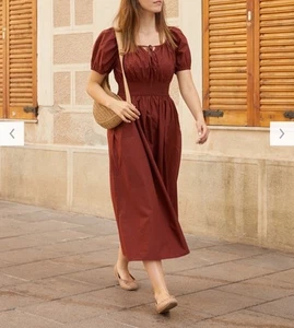 Uniqlo Volume Sleeve Dress In Brown Fit & Flare Pockets Size S - Picture 1 of 9