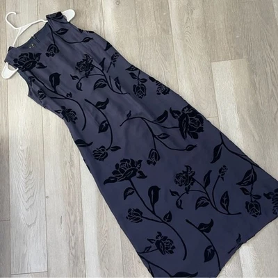 Whimsigoth Silk Dress vintage floral velvet midi womens Blue (size 4) dark fairy - Image 1 of 4