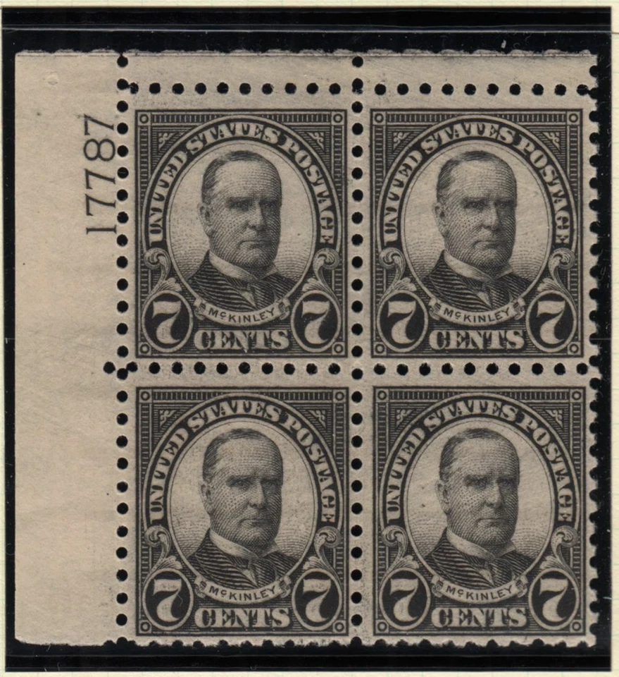 1926 McKinley 7c black Sc 588 rotary press MNH full fresh OG, plate block of 4 - Image 1 of 1