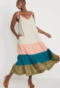Old Navy Sleeveless Color Block Maxi Tiered Cami Swing Beach Dress 2XL New NWT - Picture 1 of 11