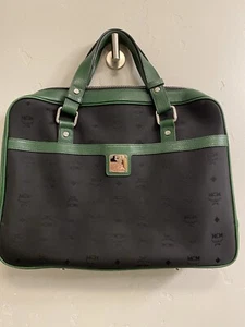 MCM Black Monogram Canvas w/Green Leather Trim Laptop Document Crossbody Bag - Picture 1 of 19
