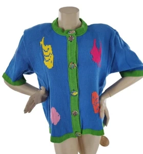 Vintage 90s S.G. Morris Fish Knit Cardigan Button Sweater sz L Top Colorful Art - Picture 1 of 9