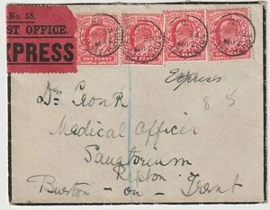 1908 UFFICIO POSTALE COPERTINA ETICHETTA EXPRESS SOUTH ASCOT BERKSHIRE TO BURTON ON TRENT - Foto 1 di 2