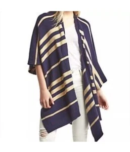 GAP womens striped navy blue beige wool camel hair poncho cardigan one size - Picture 1 of 14