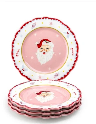 Peppermint Square Pink Santa Scalloped Christmas Dessert Plates Set of 4 8.5” - Image 1 of 3