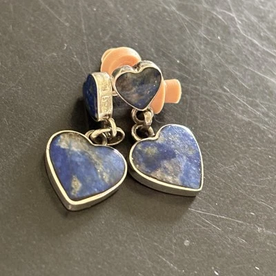 Pendientes colgantes de lapislázuli doble corazón poste hechos a mano .970 mayor pureza .925 Foto 1 de 4