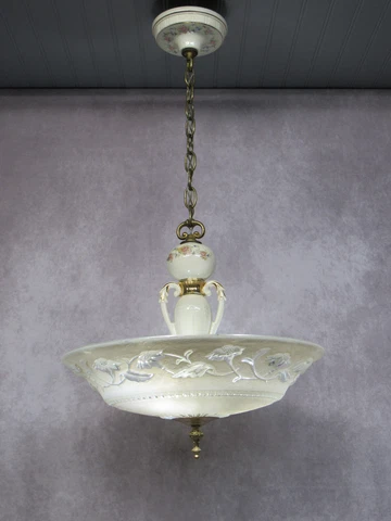 Vintage 1930's Porcelain Chandelier Ceiling Light w/ Shade PORCELIER Rewired 31" Cover