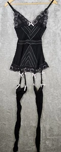 VTG Rene Rofe Bustier S/M Clips for Fishnet Stockings Black Pink Trim Bows Lace - Picture 1 of 8