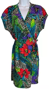 Vintage Damen Large KIKS Wickelkleid Large Hawaiian Animal Tropical Print Y2K M/L - Bild 1 von 4