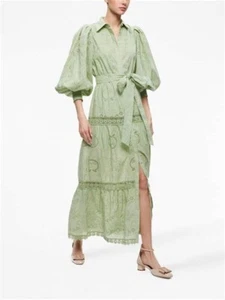ALICE AND OLIVIA LILLY COLLARED EYELET COTTON MIDI DRESS BELTED GREEN SZ 2 - Picture 1 of 11