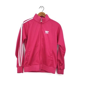 Adidas Bright Pink Track Jacket Girls L Zip Front White Stripes - Picture 1 of 5