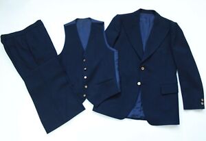 Archive 70s Yves Saint Laurent Navy Peak Lapel 3 Piece Suit Sz 39 Made In France