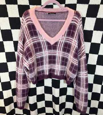 Forever 21 Fuzzy  Y2k Cropped Cardigan Purple and Pink Plaid Medium - Image 1 of 4