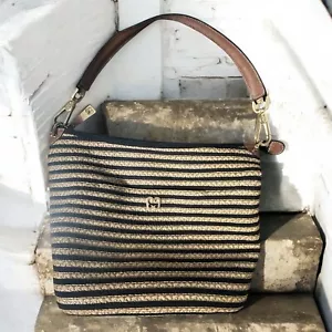 Eric Javits Women's Woven Straw Shoulder Bag Tan Black Striped Zip Top Roomy - Picture 1 of 18