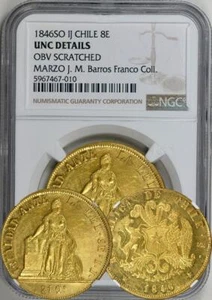 Chile Republic 1846 SO IJ 8 Escudos NGC UNC DTLS. The highest graded by NGC RARE - Picture 1 of 5