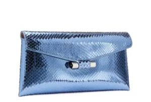Stuart Weitzman Danika In Cerulean Light Blue Metallic Snake clutch $425 - Picture 1 of 7