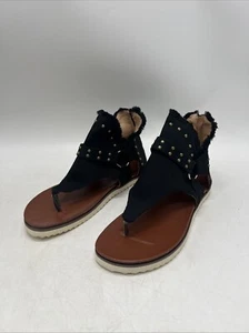 Women Summer Gladiator Zipped Buckle Strap Studs Flats Flip Flops Sandals Black - Picture 1 of 11