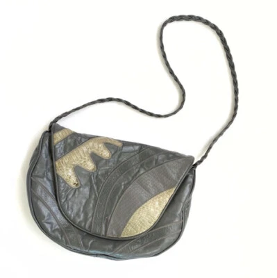 Vintage 1980’s green exotic snakeskin & gray leather long braided strap purse - Image 1 of 4