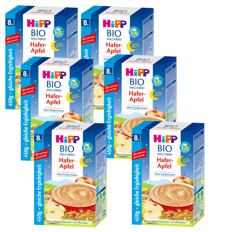 6x 450g Hipp Bio Milchbrei Gute Nacht Hafer Apfel ohne Zuckerzusatz 9 Portionen - Bild 1 von 4