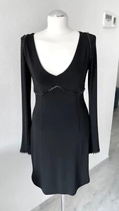 THIERRY MUGLER LUXURY BLACK JERSEY DRESS LEATHER SPIKES V NECK LG SLVS VISCOSE M - Picture 1 of 5
