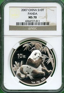 CHINA 2007 PANDA SILVER NGC MS 70 10 YUAN - Picture 1 of 2