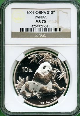 CHINA  2007  PANDA  SILVER   NGC MS 70   10 YUAN - Image 1 of 2