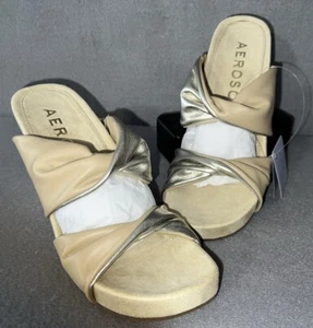 Aerosoles Mercer Pale Khaki Gold Platform Sandal Wedge Slide Size 8 - Picture 1 of 10
