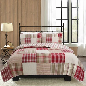 Juego de edredones reversibles de ropa de cama Alivia rojo marrón patchwork 100 % algodón, funda - Imagen 1 de 8