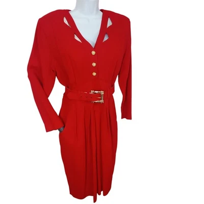 Vintage '80s Nina Piccalino Dress Power Shoulder Cut-outs Pockets Pleats (M/8) - Image 1 of 4