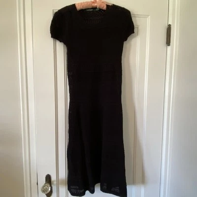 Ralph Lauren Pointelle Black Short Sleeve Round Neck Slip Lined Midi Dress Sz XS - Image 1 of 4