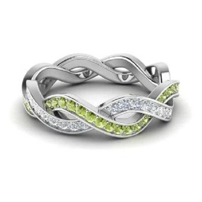 1.08 Ct Round Cut Natural Peridot & Diamond Eternity Band 14K  White Gold 8 - Image 1 of 4