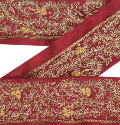 Sanskriti Vintage Saree 1 Yd Border Hand Beaded Craft Floral Trims Lace Maroon - Image 1 of 4