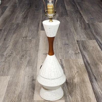 VTG Table Lamp MCM Genie Bottle Gold Fleck White Speckled Ceramic Wood - Image 1 of 4