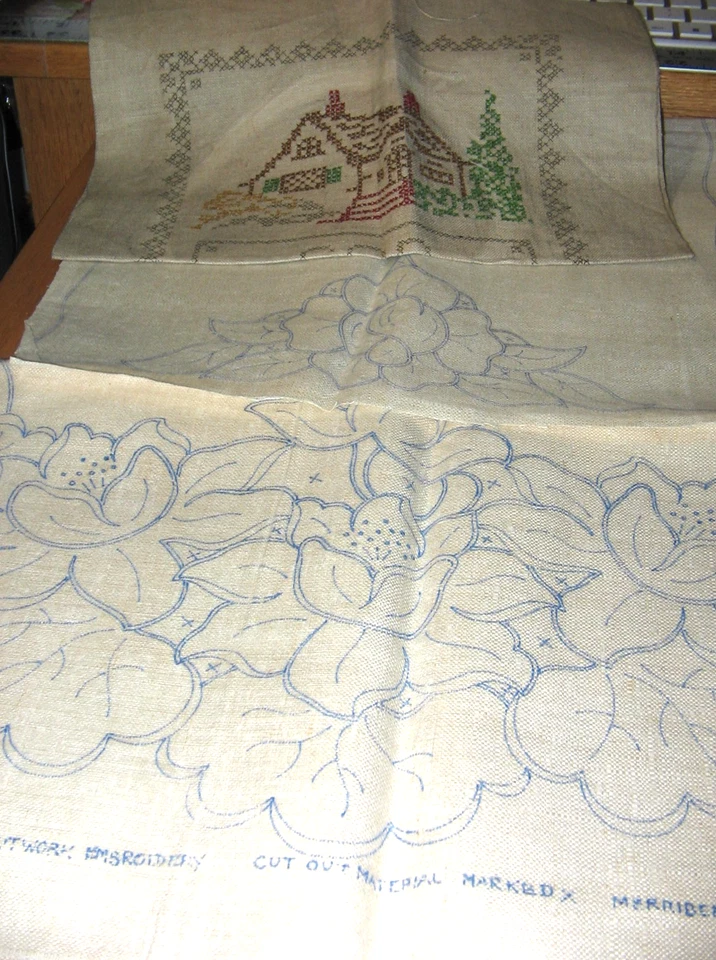 Vintage Lot Merribee Stamped Cut Work Embroidery Pure Linen Runners + Sampler - Image 1 of 4