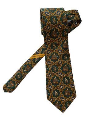 Corbata SALVATORE FERRAGAMO Hombre 100% Seda Animales Asiáticos Oliva/Dorado Italia 3.5"W Foto 1 de 4