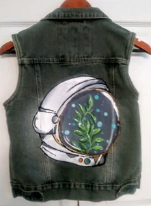 Women's Denim Vest "Space Astronaut" by Shelley GS115 Brand Hand painted Small - Picture 1 of 8