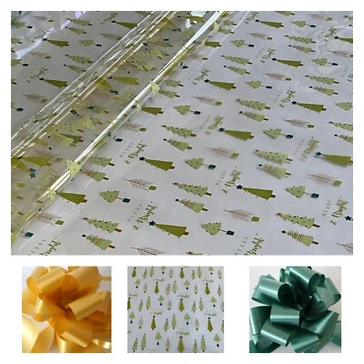 WRAPPINGS AND BOWS Christmas Cellophane Wrap *Pine Trees* 5/10/20m roll/2m sheet optional pull bows