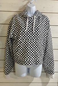 Vans Full Checkerboard Cropped Hoodie Medium Front Pocket Skater Raw Hem - Picture 1 of 4