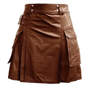 Men Brown Leather Gladiator Pleated Utility Kilt Flat Front Twin Cargo Pockets - Picture 1 of 2