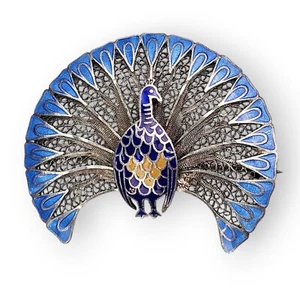Broche de filigrana de pavo real de ley esmalte de oro azul plata 925 vintage de 1,75" de ancho - Imagen 1 de 12