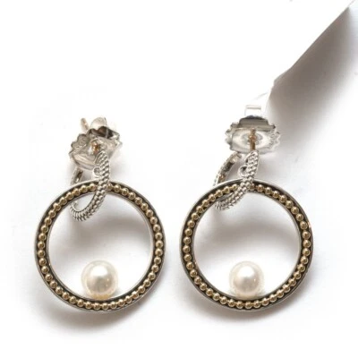 LAGOS Nuevos Pendientes Colgantes Plata y Oro 18K Perla Luna 23mm Caviar Círculo Poste Foto 1 de 4