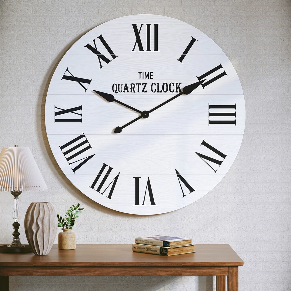 HLR Large Wall Clock 35.5”Shiplap Wall Clock with Roman Numeral Nearly Non-Ticking