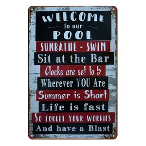 Welcome Pool Rules Blast Swim Bar Summer short Life Fast Tin Sign Vintage - Picture 1 of 4