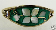 ALPACA MEXICO SILVER TONE GREEN COLORFUL MOTHER OF PEARL INLAY BANGLE BRACELET